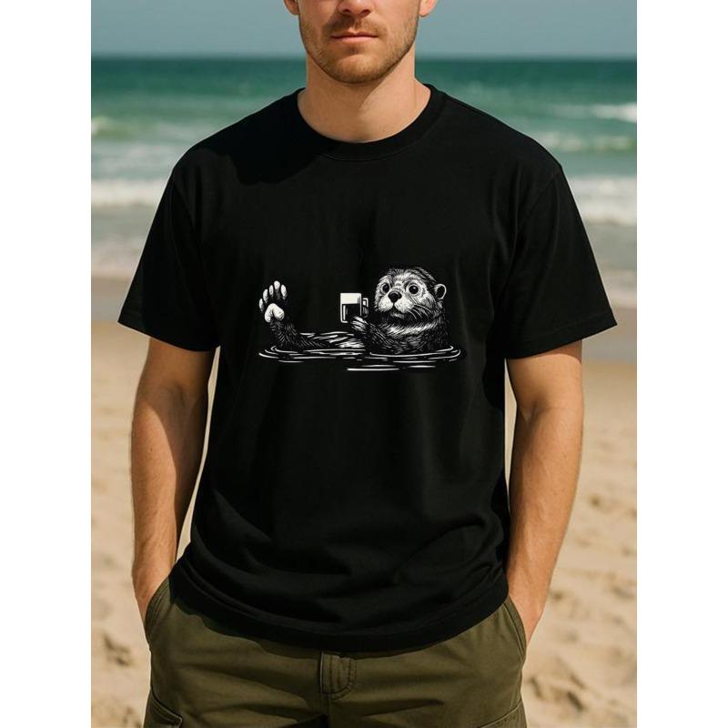 Tamanho Europeu Relaxamento Máximo, Café Lontra, Camisa Masculina de Manga Curta Estampada, Top de Tecido Respirável Estampado, Camiseta Simples de Malha de Algodão Puro