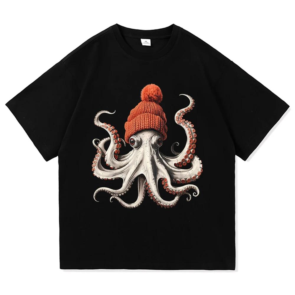 Oktopus mit Mütze T-Shirt Japanischer Stil Lustige Herren Kinder Kleidung Harajuku Kleidung Vintage Hochwertige Oberteile Baumwoll-T-Shirts