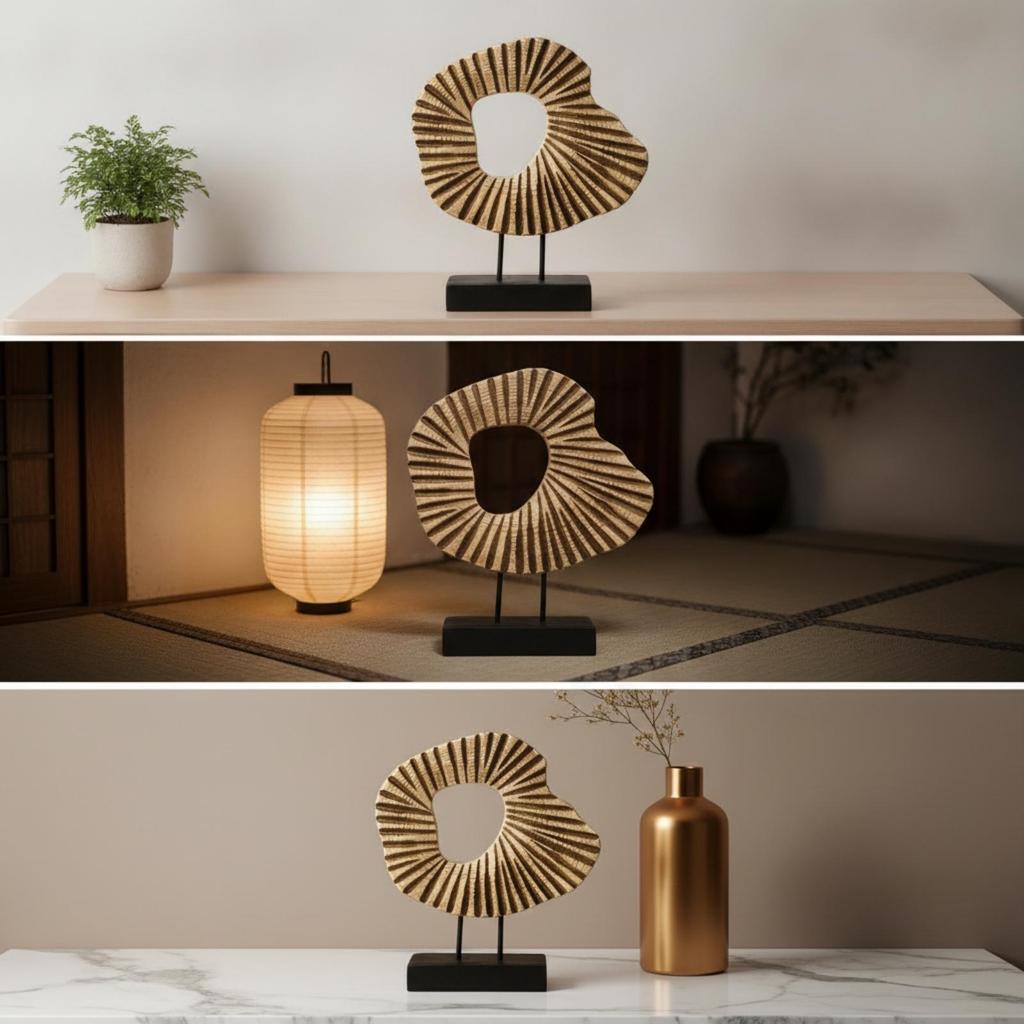 Resin Circular Form Sculpture WoodLook Abstract with Base Carved Statue Ebony