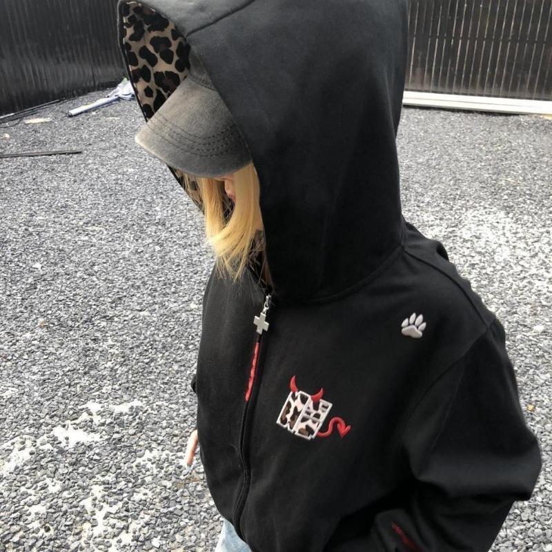 Little Devil Leopard Print Embroidered Hooded Sweatshirt Women Autumn Winter New Cardigan Short Jacket