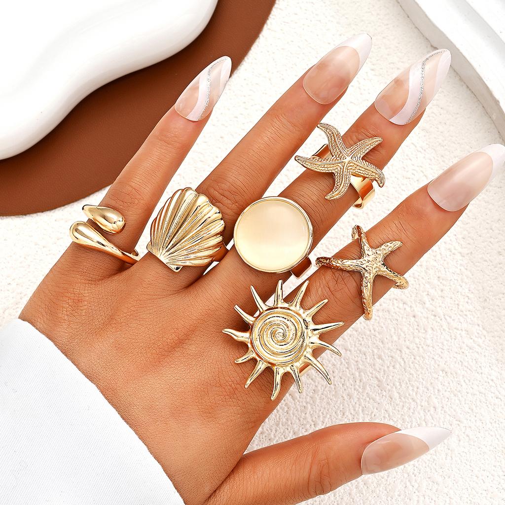 6 Pcs Gold Starfish Shell Open Ring Set for Women Sun Cat Eye Adjustable Knuckle Rings Summer Beach Boho Fashion Jewelry Gifts
