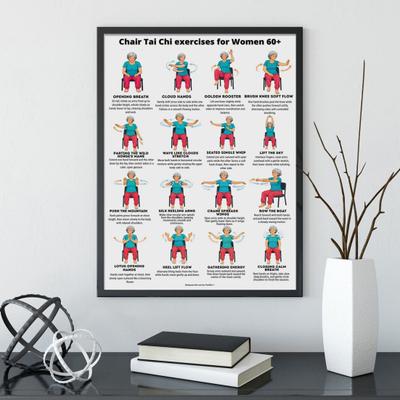 Poster de Treino de Tai Chi na Cadeira Sem Moldura Poster de Rotina de Tai Chi Instruções Visuais Claras Tabela de Exercícios Sentados para Idosos Iniciantes Cadeira Suave