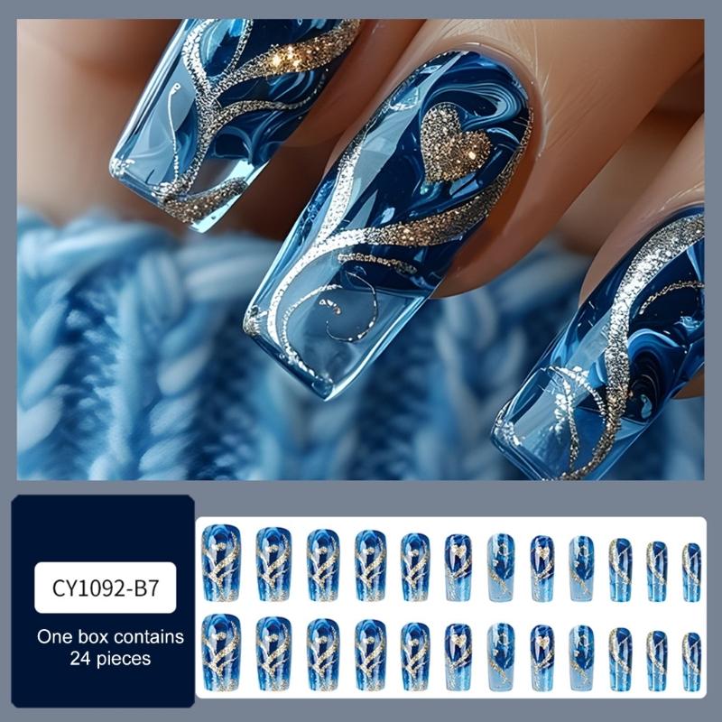 24 Stück Falsche Nägel Set Gold Glitzer Herz Dekoration Blau Blühende Maniküre Aufklebenagel für Stilvolle Frauen und Mädchen