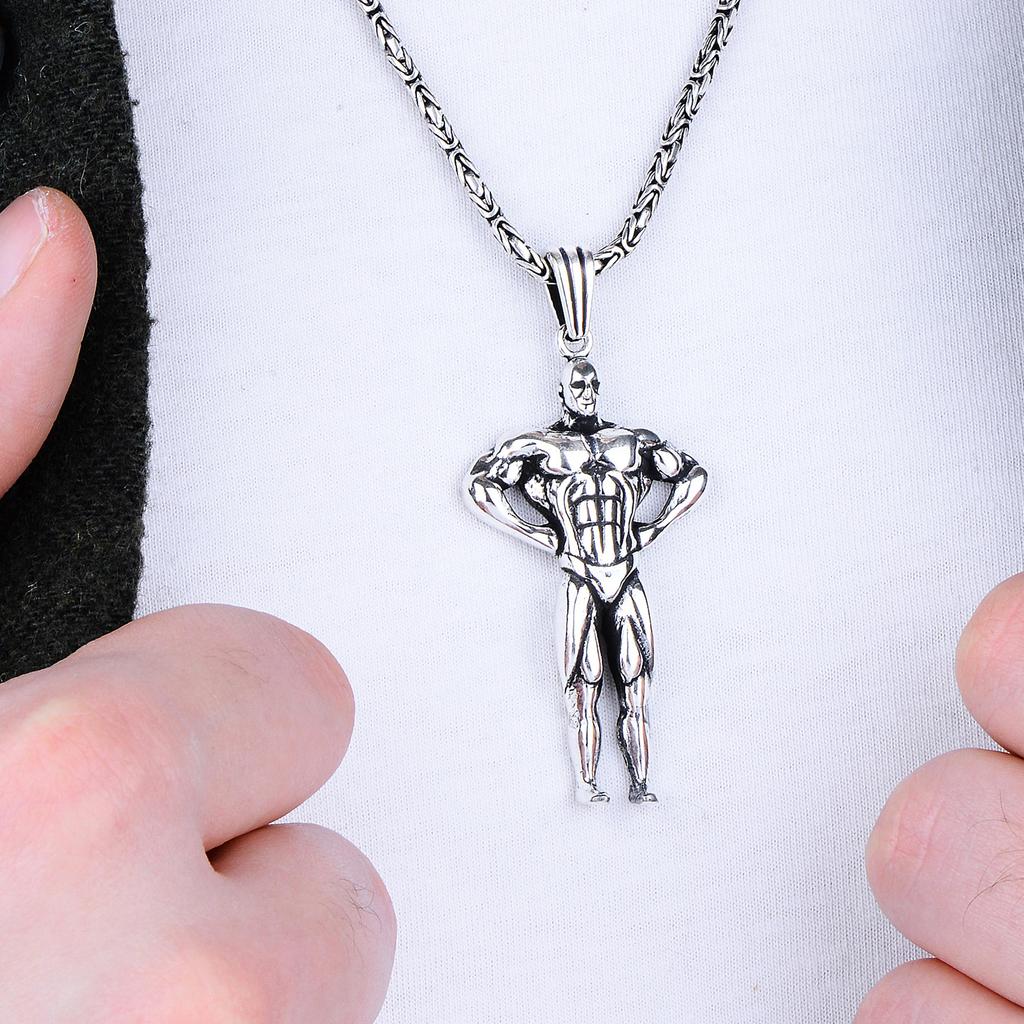 Męski srebrny naszyjnik kulturysta, solidny bizantyjski łańcuszek, wyjątkowa biżuteria fitness, prezent dla entuzjasty siłowni