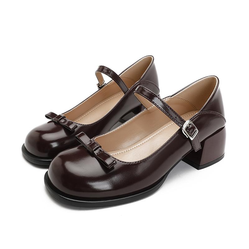 

Spring New Bow Mary Jane Shoes, Women Chunky Heel Round Toe French Shallow Mouth Leather Flat Pumps 39 бордовий