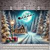 2D Magical Christmas Backdrop Snowy Cabin & Santa Sleigh Full Moon Party Background