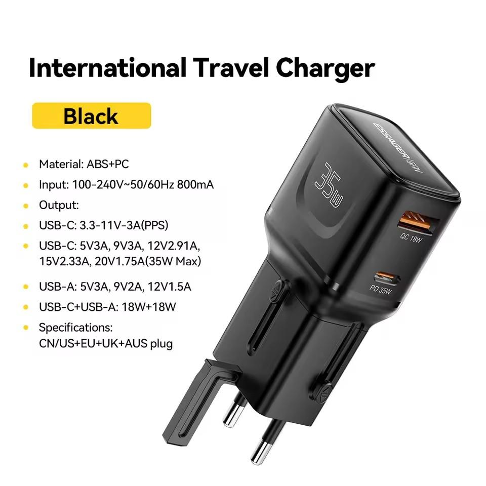 

Essager 35W GaN Международный дорожный адаптер Зарядное устройство с двумя портами для Xiaomi Samsung iPhone16 15 Pro Max Для США/Китая ЕС Великобритании Австралии Путешествие CN US EU UK AUS Plug чёрный