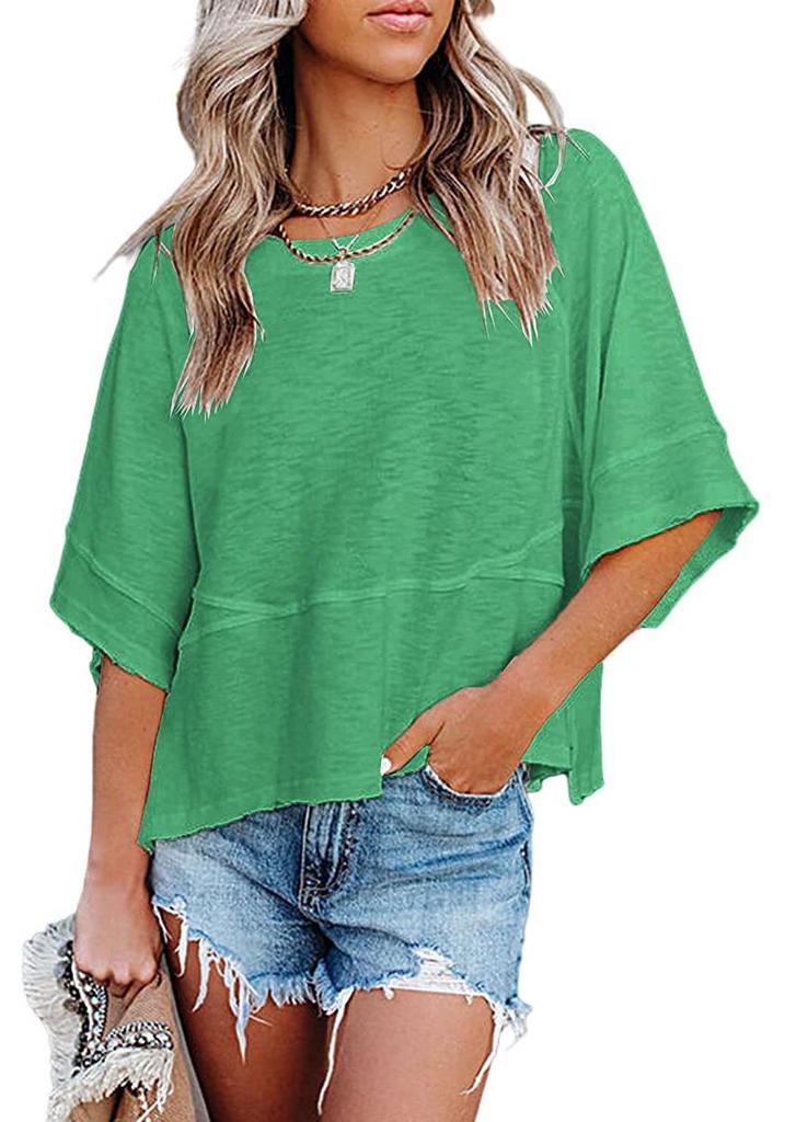 Camiseta Feminina Solta Colorida Sólida com Mangas Sino Tendência 2025