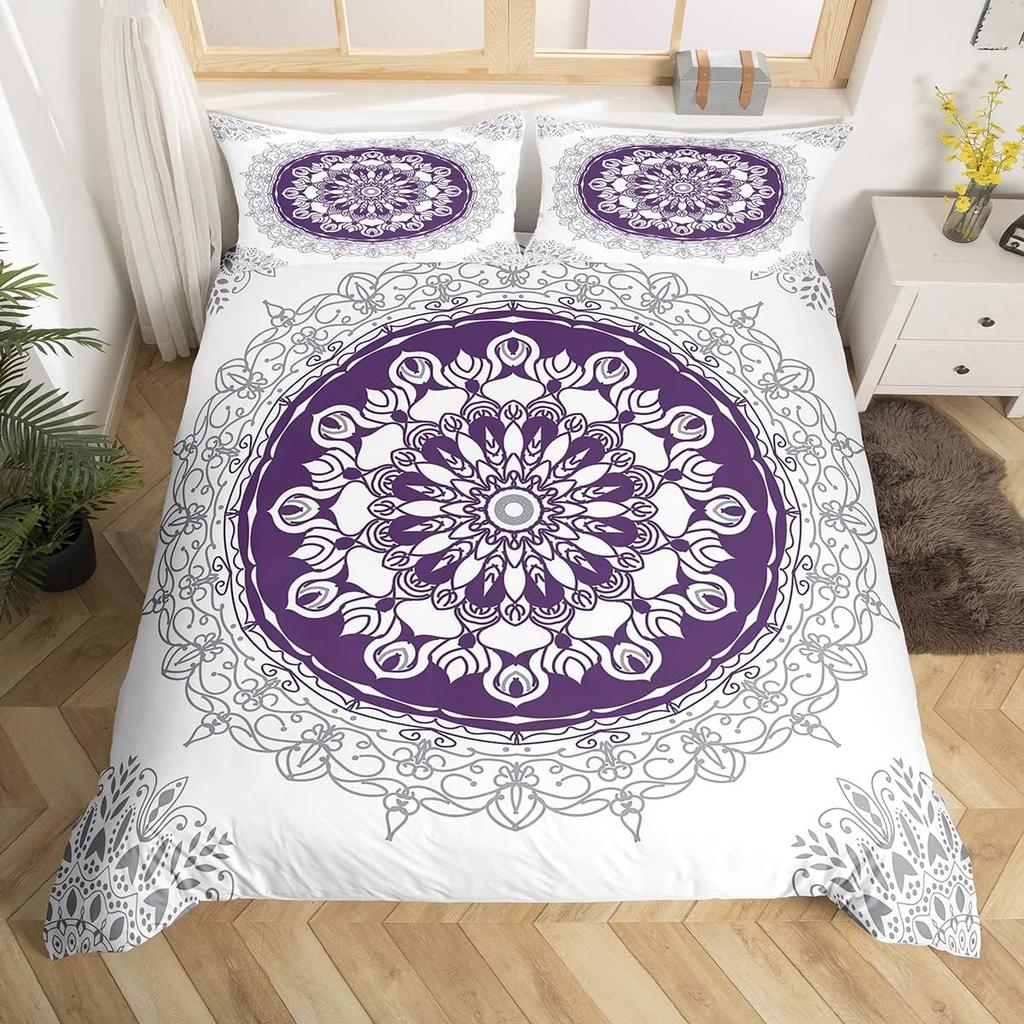 Lotus Duvet Cover Trippy Dreamy Mandala Bedding Set,Boho Floral Comforter Cover Exotic Tribal Damask Flowers Bed Set Twin Queen