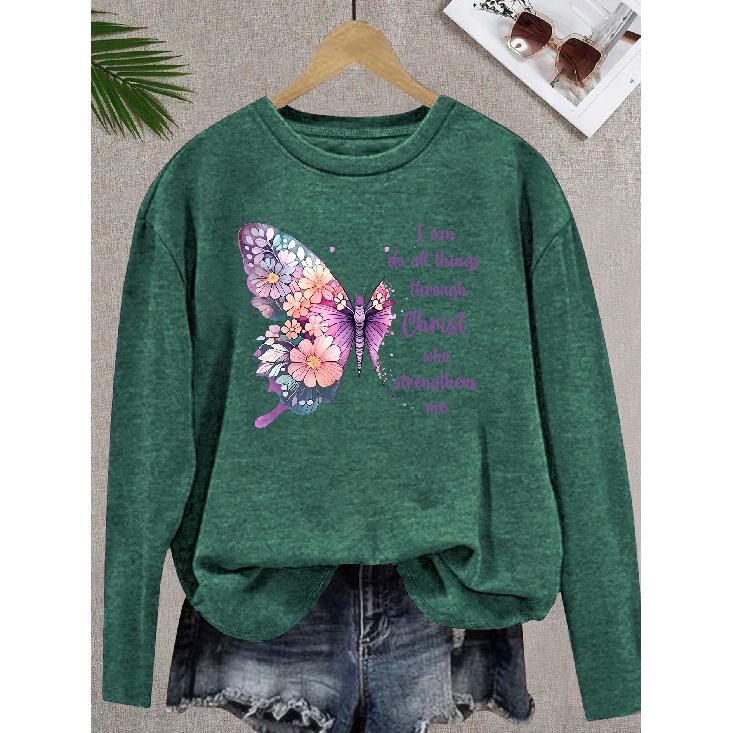 Flowers & butterflies and  I can do all things through Christ  text print long sleeve T-shirt. 2026 new vintage elegant women s round neck top S