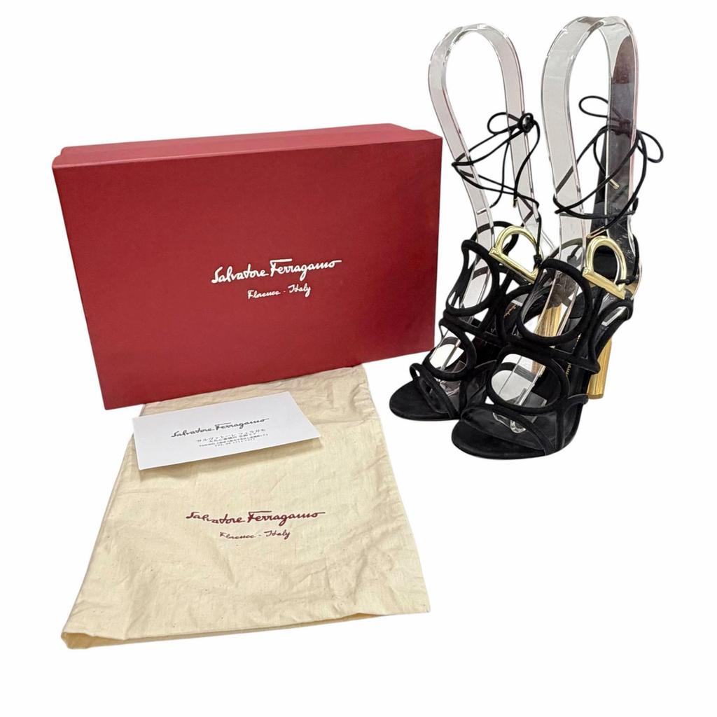 Pristine Salvatore Ferragamo Sandals VINCI X5 Gancini Suede Strap black Women 6 Used