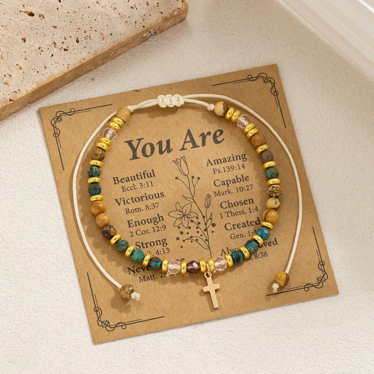 

1 piece of vintage copper cross pendant, colorful natural stone hand woven bracelet, blessing message card, hand rope