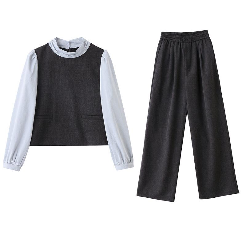 1116 autumn new horn buckle short vest shirt wide leg trousers three-piece women's fashion casual women's suit