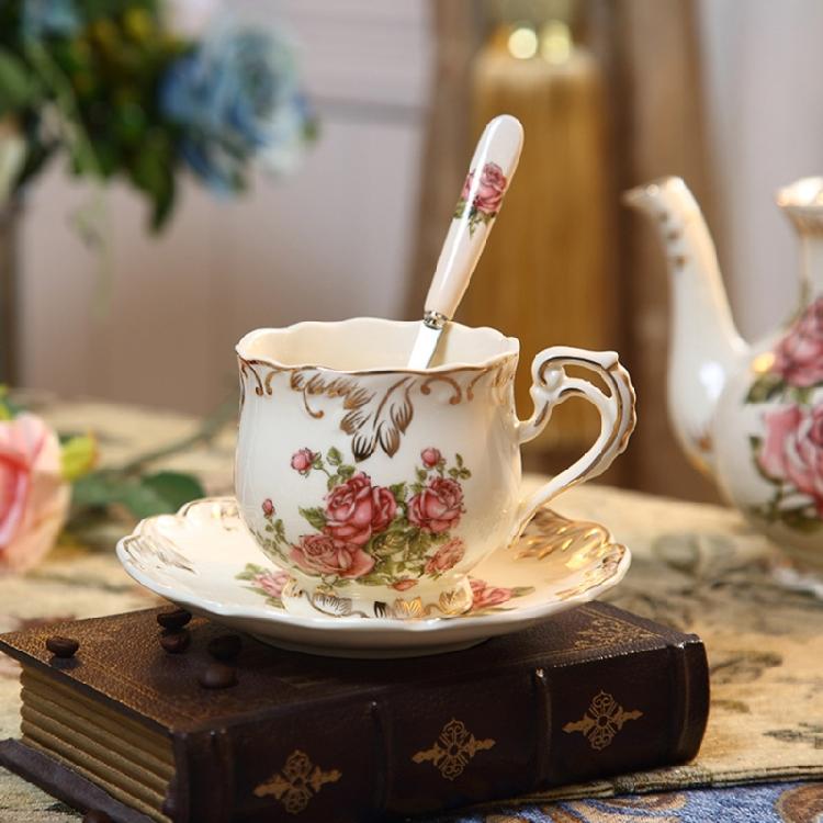 Rose Ivory Porcelain Coffee Cup Spoon Set Drinking Utensils for Women Teas Party