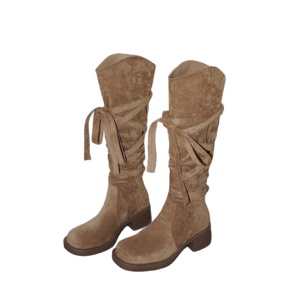 Main Push Edition~ Retro Wasteland Heel Wrap Strap Pile Boots Western Cowboy Boots But Knee Maillard Boots