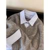 Gray and Blue Contrast Sweater Shirt Fake Two-piece Stacked Women's Autumn and Winter Korean Design Niche Unique Sweater Top