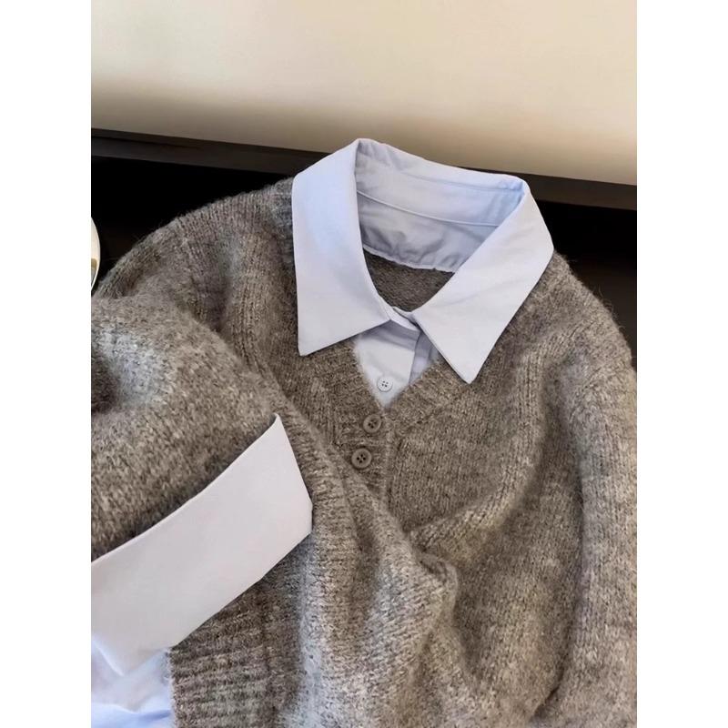 Gray and Blue Contrast Sweater Shirt Fake Two-piece Stacked Women's Autumn and Winter Korean Design Niche Unique Sweater Top