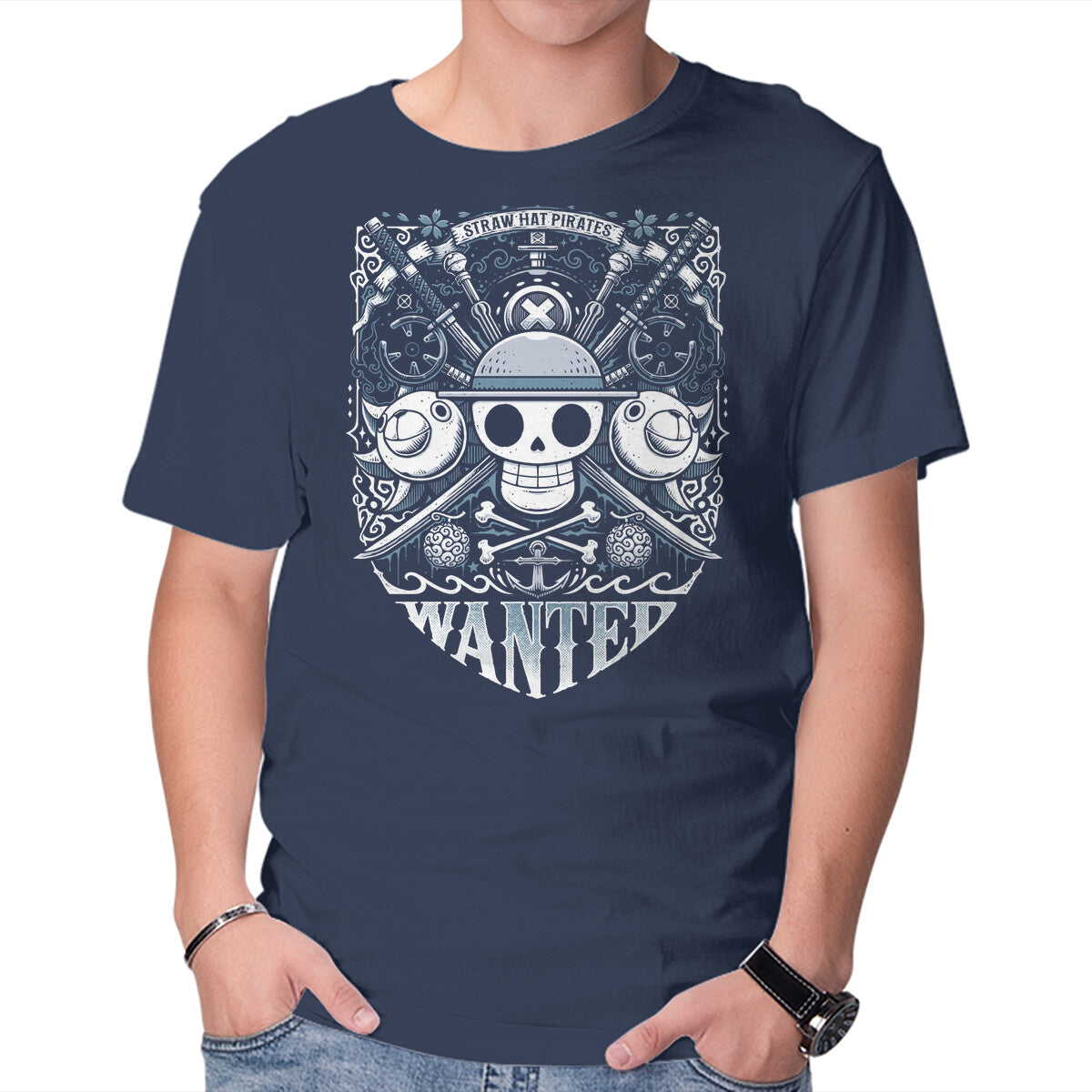 Unisex Crew Neck T-Shirt Wanted Pirates Graphic Short Sleeve Casual Tee S