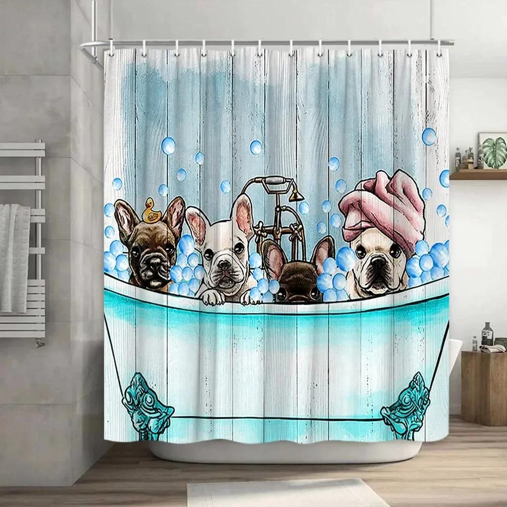 Lustiger Duschvorhang Tapfere Katze Cartoon Duschvorhang Wellen Ozean Dekor Stoff Duschvorhang Set mit Haken Badezimmerdekoration