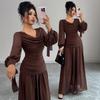 Elegant French Style Long Sleeve Waist-Cinching Winter Dress for 2026