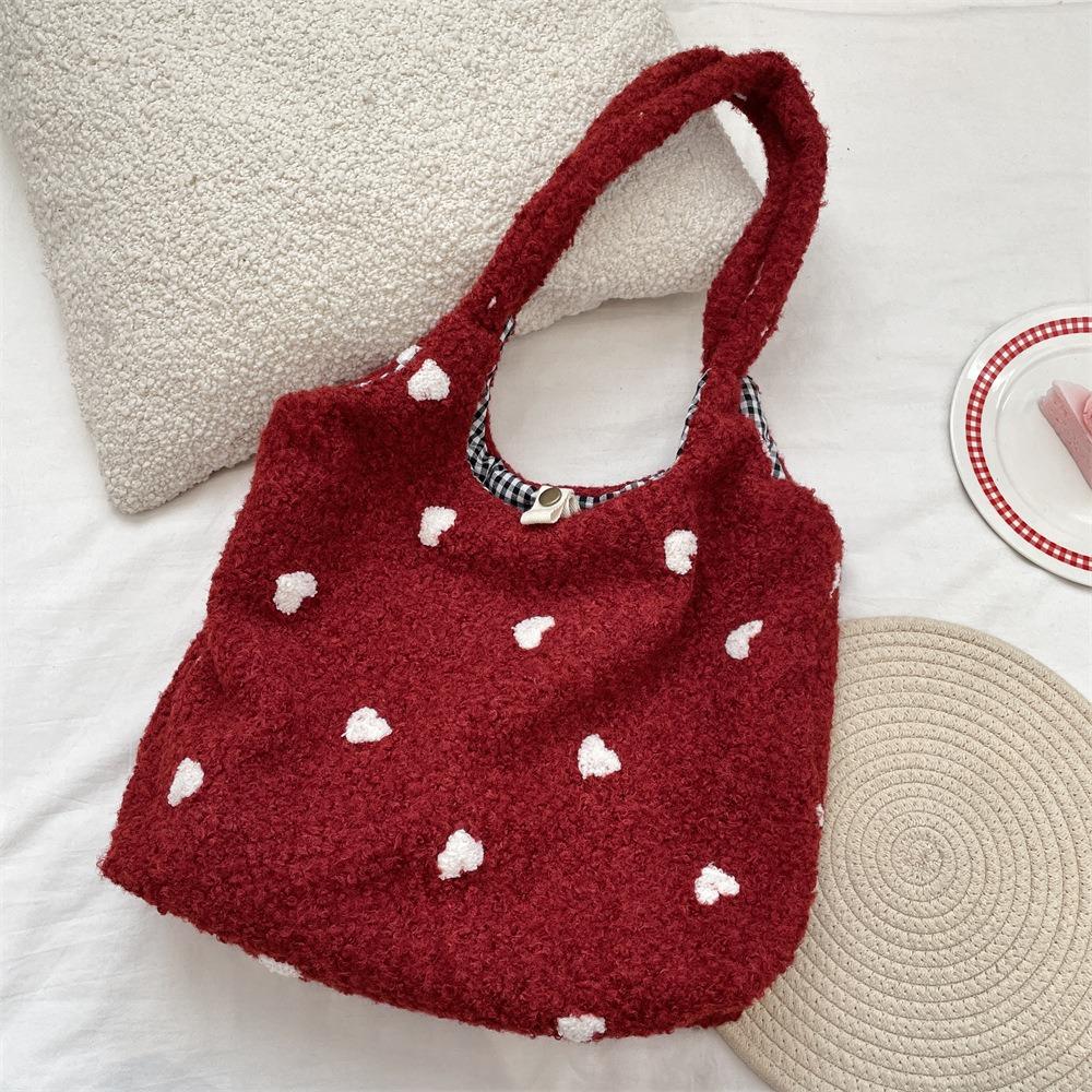 

Cusual Embroidery Flower Tote Bag Large Capacity Fluffy Shoulder Bag Plush Underarm Bag Travel Style6