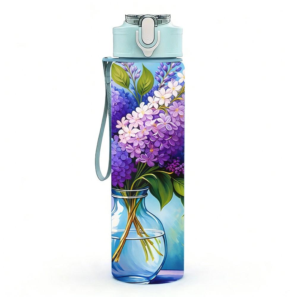 1PC Purple Lilac Vase Flower Bouquet Art 750ml Color Plastic Sports Water Bottle Leakproof Flip Straw Lid Suitable for Sports Office Home Use