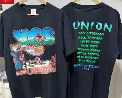 1991 YES Band Union World Tour 2 Side Cotton Black Unisex Tshirt Reprint S5XL Unisex T-Shirt