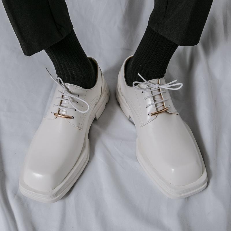 Business dress new square head small leather shoes hairstylist casual shoes platform white wedding leather shoes
