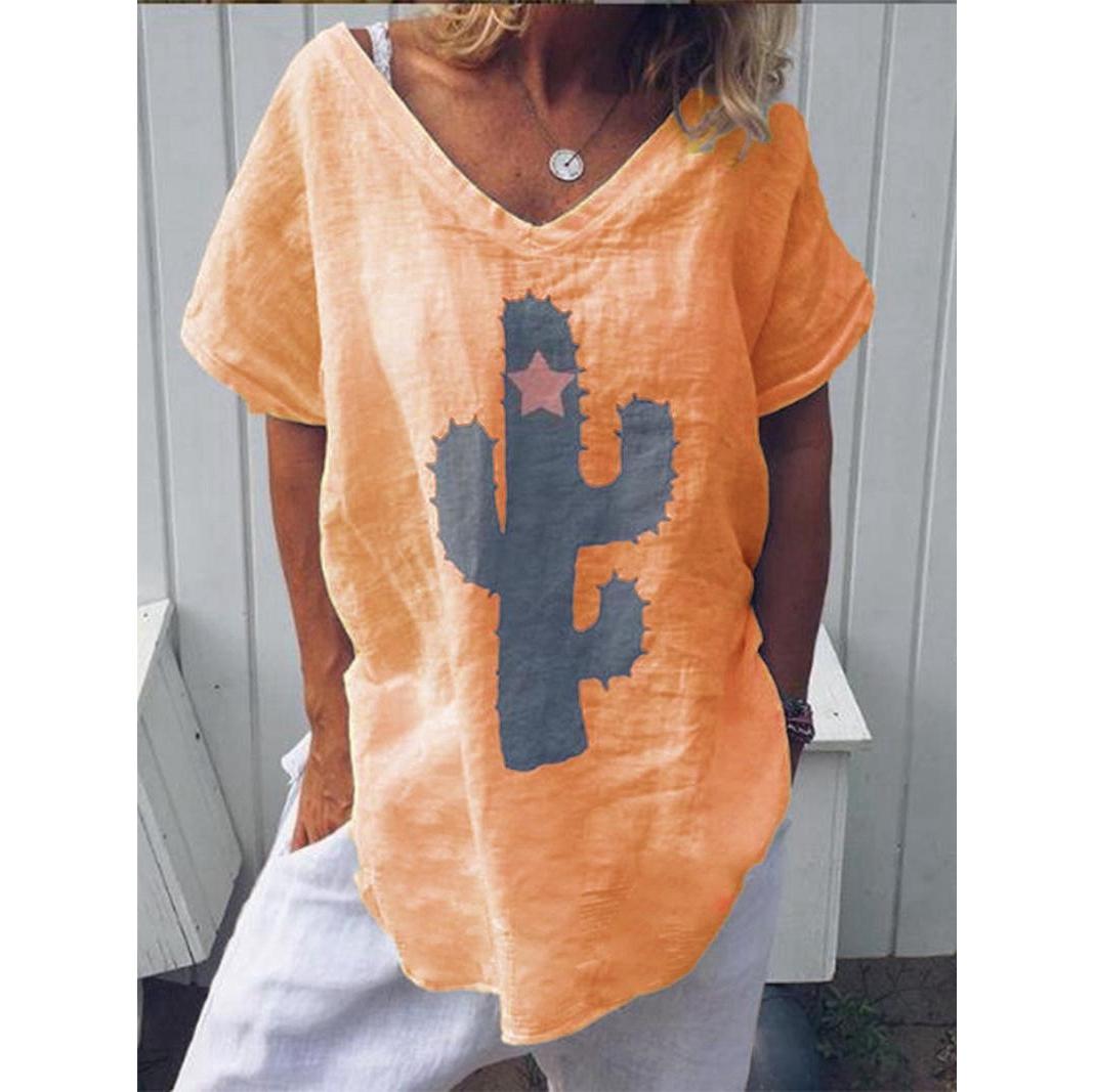 

2023 Новая летняя модная футболка с короткими рукавами, топы, повседневная свободная хлопковая льняная рубашка с забавным принтом кактуса, верхняя блузка для женщин, большие размеры S-5XL 4XL оранжевый