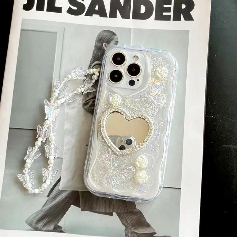 Compatible Epoxy Heart Rhinestone Mirror Case for iPhone 17 Pro Max, 15 Plus, 16 with Butterfly and Flower Design