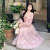 Women's French Floral Long Sleeve Spring Dress: Elegant, Waist-Cinched, Gentle Fairy Style