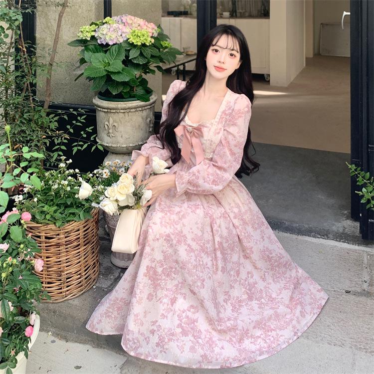 Women's French Floral Long Sleeve Spring Dress: Elegant, Waist-Cinched, Gentle Fairy Style