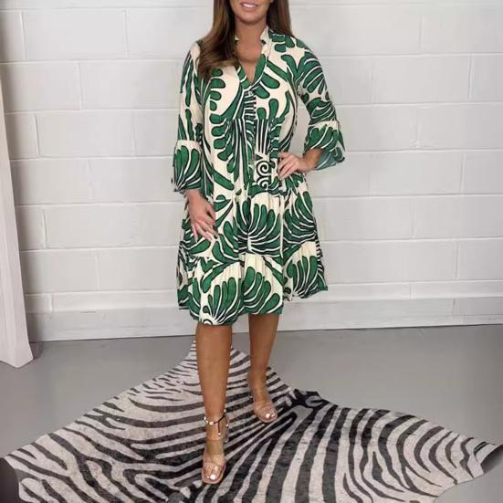 Herbst-/Sommerkleid, V-Ausschnitt, A-Linie, lockerer, farblich passender Druck, Dreiviertelärmel, halblang, einreihig, knielang, hohe Taille, Midikleid