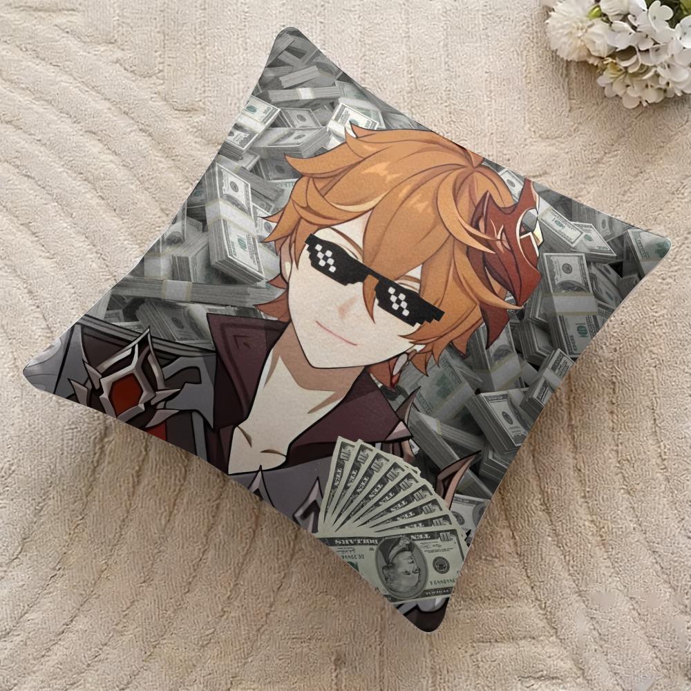 Tartaglia Genshin Impact Cute Cushion Cover Silky Short Plush Invisible Zipper Dustproof Sofa Pillow Case For Home Decor