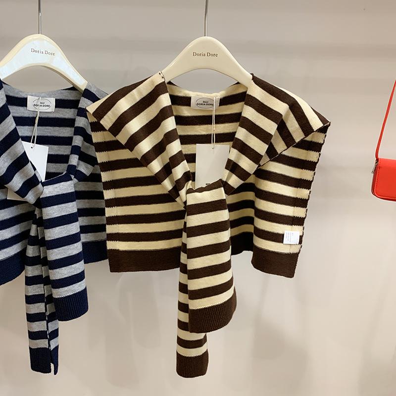 Knitted Striped Wool Shawl Women's Spring and Autumn with Fake Collar Shawl Scarf Versatile Vest