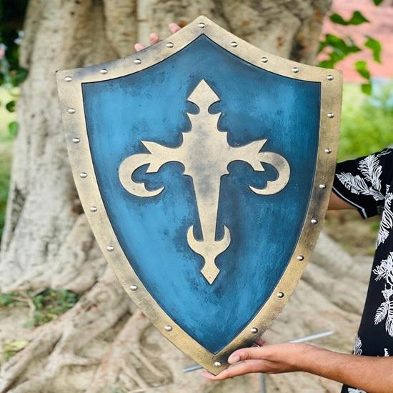

Medieval Wooden Knight Shield Blue Gold Cosplay Armor Prop for LARP and Decor Best Gift For Him