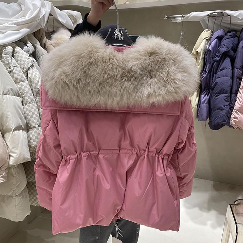 Womens Short Puffer Jacket With Real Fox Fur Collar Drawstring Waist Loose Fit Down Fill Winter