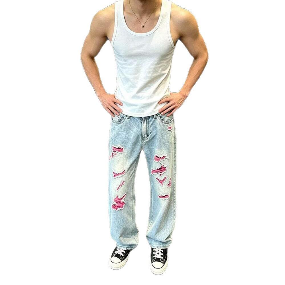 Blue washed ripped jeans men's ruffian handsome contrasting color slightly machete pants cleanfit straight pants
