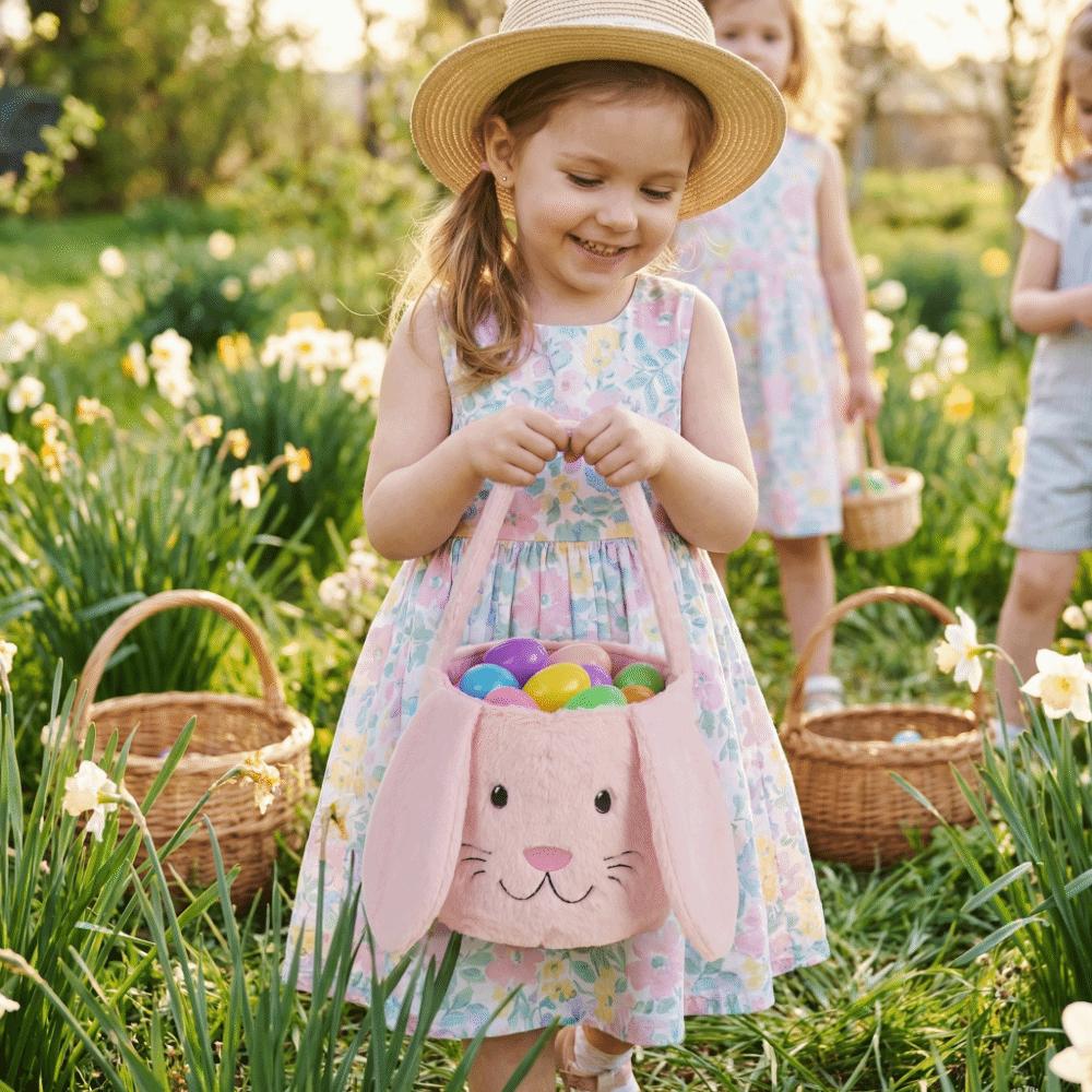 Bunny Easter Basket Long Ear Easter Bucket Candy Gift Bag Plush Basket  Kids Gift