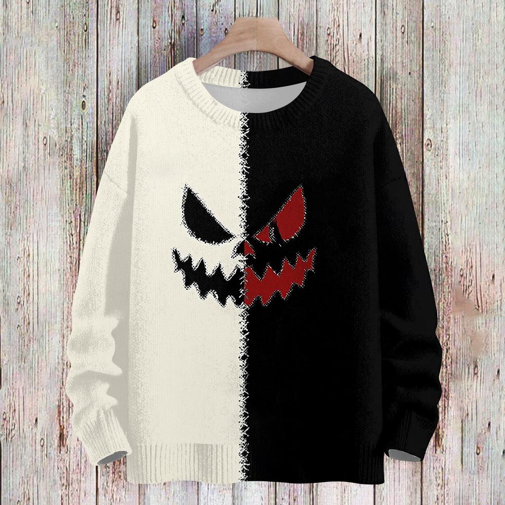 Women's Casual Long Sleeve Halloween Print Round Neck Knit Sweater Top