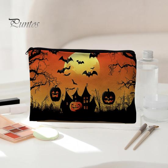 Versatile Zippered Storage Bag Halloween Bag, with Pumpkin Ghost Print, Durable Canvas Stationery Large Capacity Makeup Pouch, for Travel And