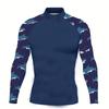 Mens Navy Blue Long Sleeve Rash Guard With Shark Print Surfing Swimming Beach Activities
