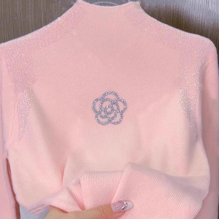 Women's Half Turtleneck Sweater with Rhinestones Solid Color Stretch Knit Pullover sweater  Autumn  Winter