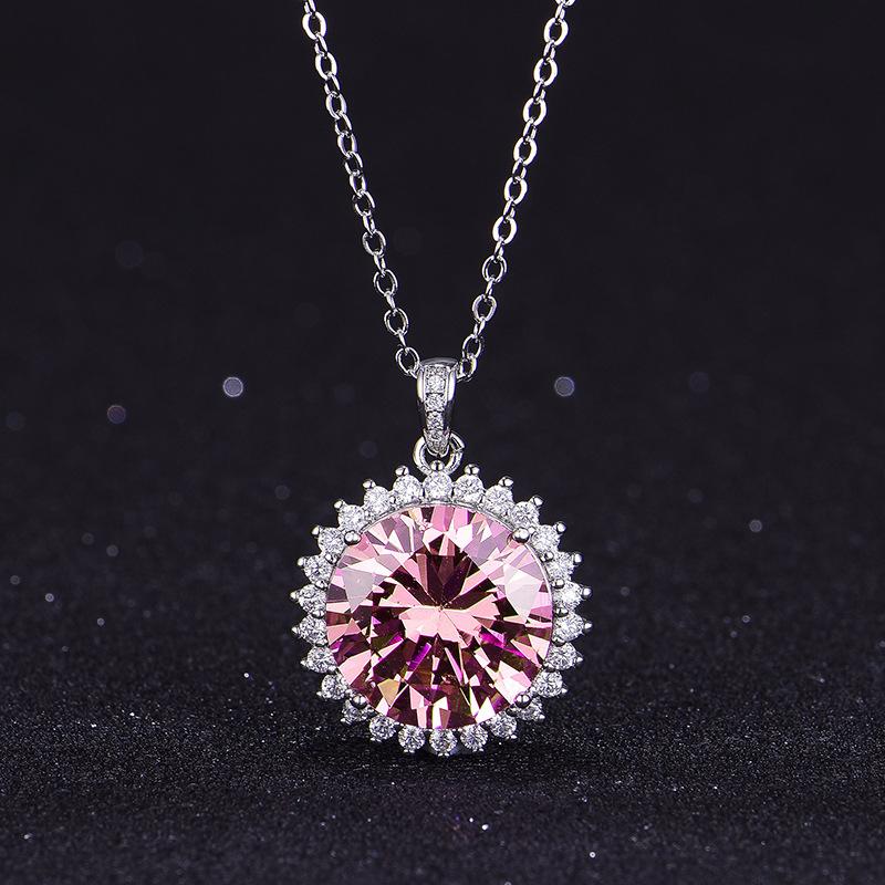 Silver Plated Round Brilliant Cut Pink CZ Pendant Necklace, Sunburst Halo Cable Chain Necklace for Women