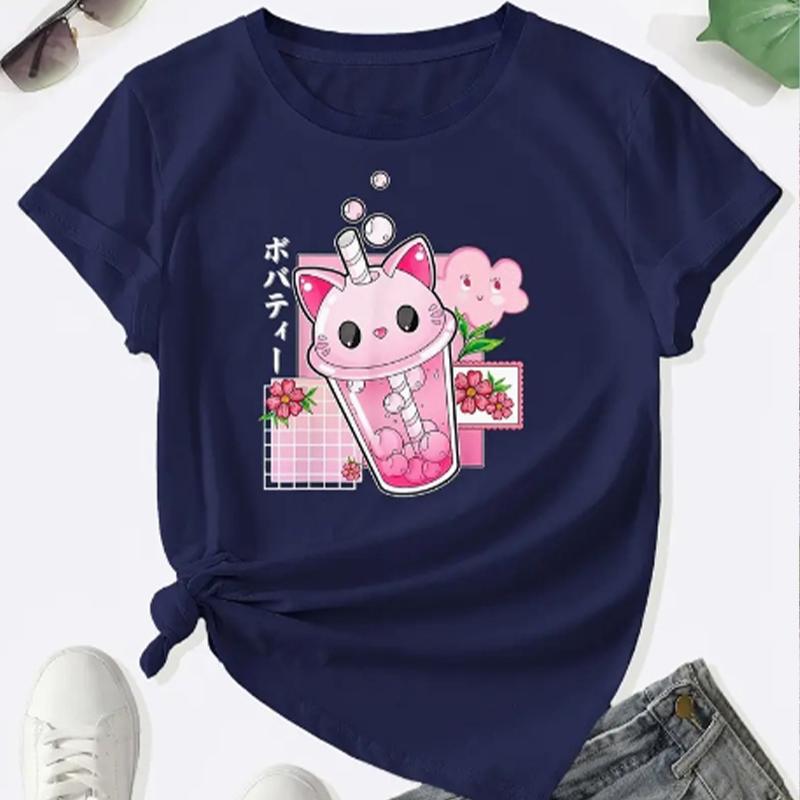 

Модная женская футболка с принтом «Молочный чай с головой кошки», забавная повседневная футболка с круглым вырезом и короткими рукавами, летняя женская футболка 8XL темно-синий