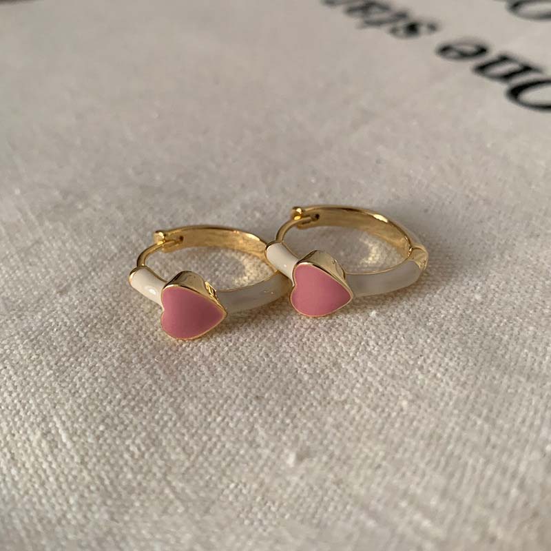 

New Red Drop Glaze Enamel Heart Hoop Earrings for Women Simple Metal Contrast Heart shaped Earrings Zircon Gift Brincos розовый