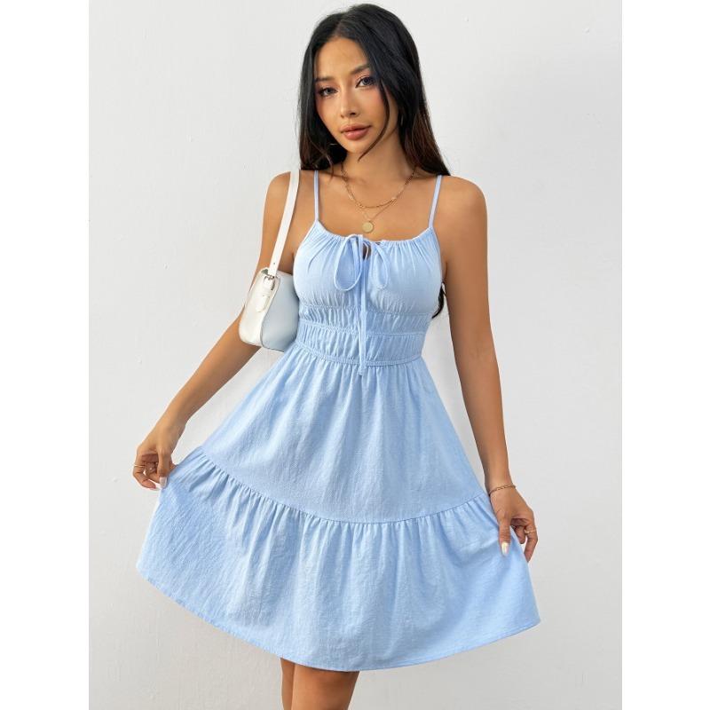 Elegante Vestito Estivo A Line Senza Maniche con Spalline Sottili e Vita Alta Pieghettato