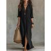 Loose V Neck Long Sleeve Solid Color A Line Maxi Dress