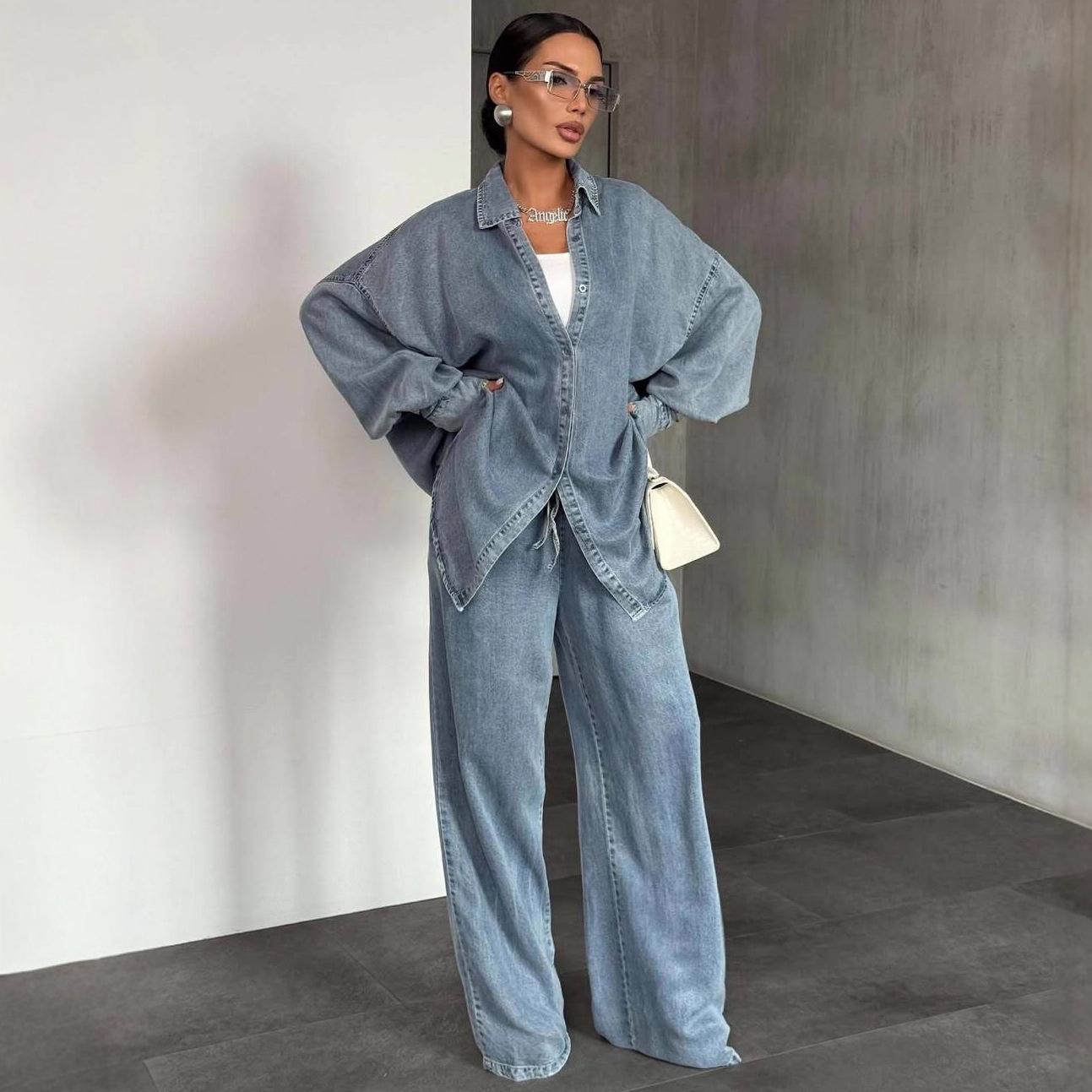 

Women Lapel Collar Long Sleeve Blouse Wide Leg Pants Two Piece Set Solid Color Casual Loose Fit Outfit XS