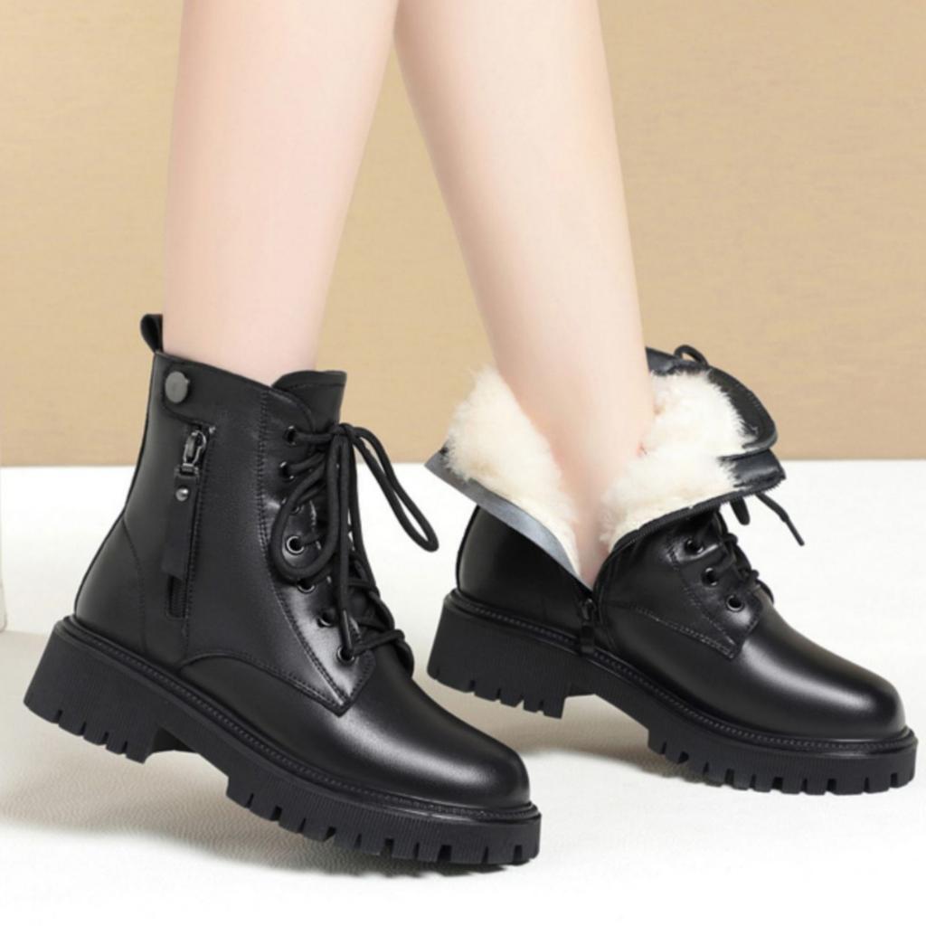 Fashion Boots Women's Shoes 2025 New British Style Soft Leather Soft-soled Fashion Boots Autumn and Winter Thickened Velvet Warm Women's Shoes